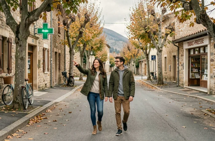 Couple cherchant une pharmacie dans une rue de village provençal avec croix verte visible en arrière-plan