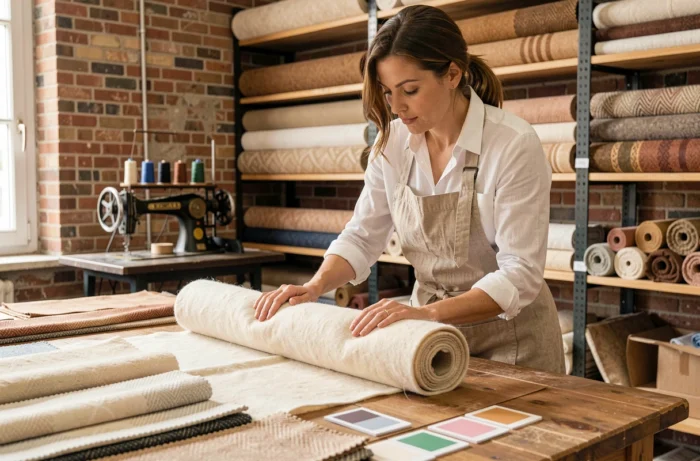 Créatrice textile examinant un rouleau de tissu en laine naturelle dans un atelier parisien avec des échantillons de tissus et des murs en briques apparentes