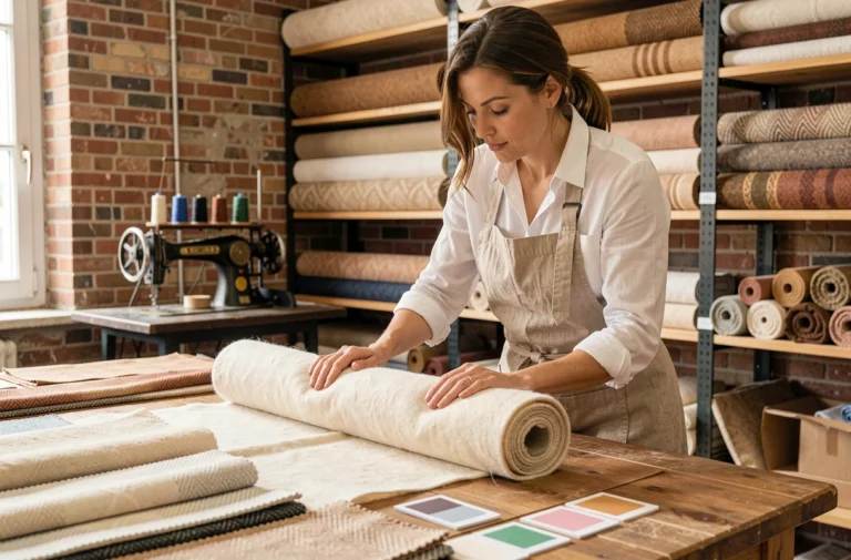 Créatrice textile examinant un rouleau de tissu en laine naturelle dans un atelier parisien avec des échantillons de tissus et des murs en briques apparentes