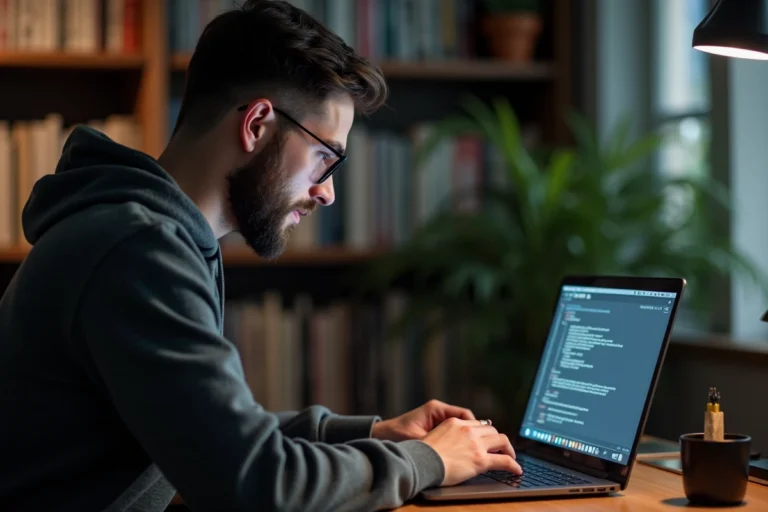 Homme utilisant Linux sur un ordinateur portable dans un bureau à domicile pour naviguer sur le web
