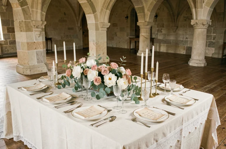Table de mariage élégante décorée de pivoines blanches, roses poudré et chandeliers dorés dans un château français