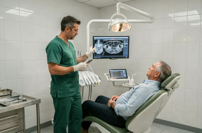 Dentiste et patient en consultation dans la salle de traitement moderne de Dentakay avec radiographies numériques