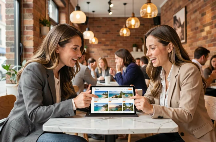 Deux femmes découvrant ensemble des articles de voyage incontournables sur une tablette dans un café