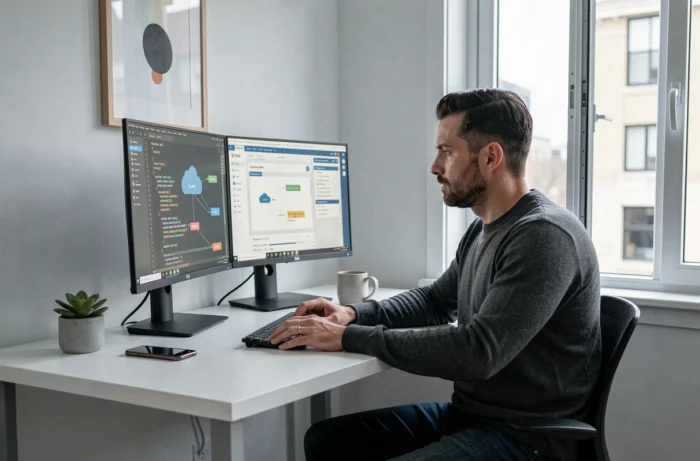 Entwickler oder IT-Leiter, der in einem minimalistischen Büro an Cloud- und Projektmanagement-Tools arbeitet, Symbol für die Digitalisierung von Unternehmen