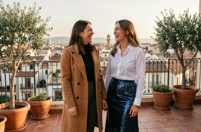 Deux femmes élégantes en tenues glamour tendance sur une terrasse avec vue sur la ville, mode saison manteau camel et jupe sequins