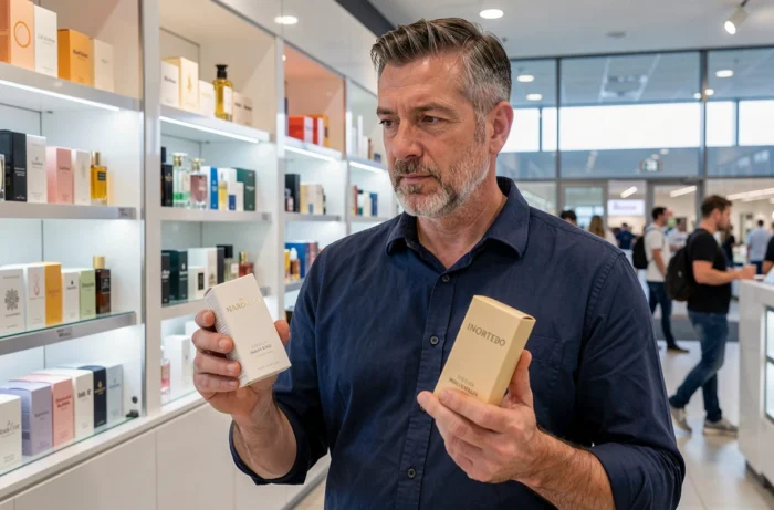 Homme comparant des parfums dans une boutique duty-free d'un aéroport espagnol