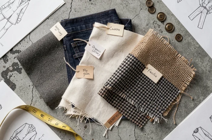 Planche tendance avec des échantillons de tissus variés incluant soie, denim, coton bio et laine sur une surface en béton gris avec des accessoires de couture