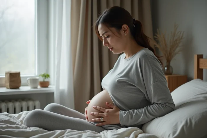 Femme souffrant d'effets secondaires après avoir consommé un thé détox, assise sur un lit avec une expression inconfortable