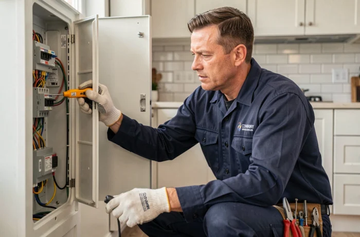 Électricien professionnel inspectant un tableau électrique dans une cuisine résidentielle moderne