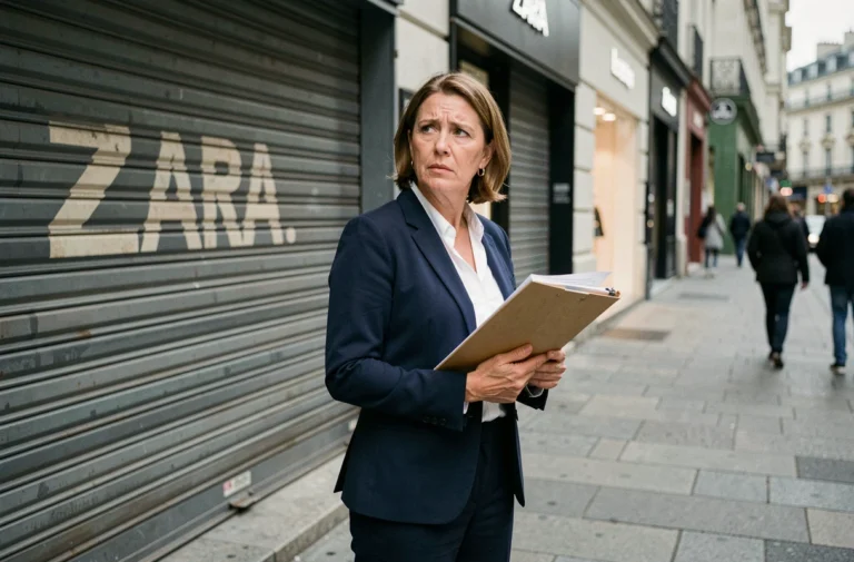 Employée Zara devant un magasin fermé après liquidation judiciaire, tenant des documents officiels dans une rue commerçante européenne