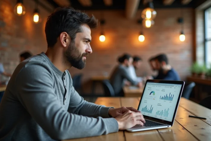 Entrepreneur masculin travaillant sur la conception d'un site web professionnel dans un espace de coworking moderne