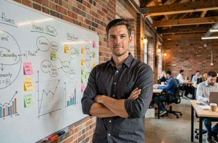 Entrepreneur masculin devant un tableau de stratégie dans un espace de coworking moderne avec collègues en arrière-plan