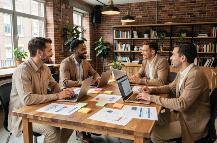 Ein Team von Fachleuten, das in einem modernen Arbeitsumfeld um digitale Daten und Berichte für ein digitales Transformationsprojekt zusammenarbeitet