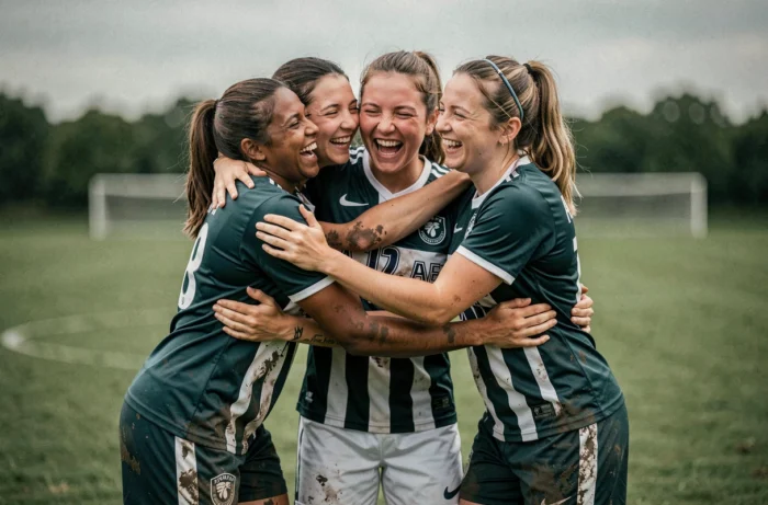Joueuses de football féminin célébrant ensemble sur un terrain, actualités et tendances du sport féminin