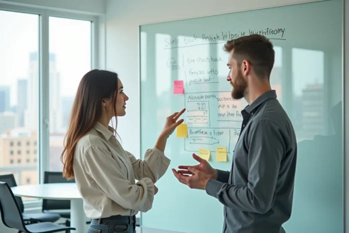 Deux collègues discutant de la stratégie de création d'un site web professionnel devant un tableau blanc avec des maquettes