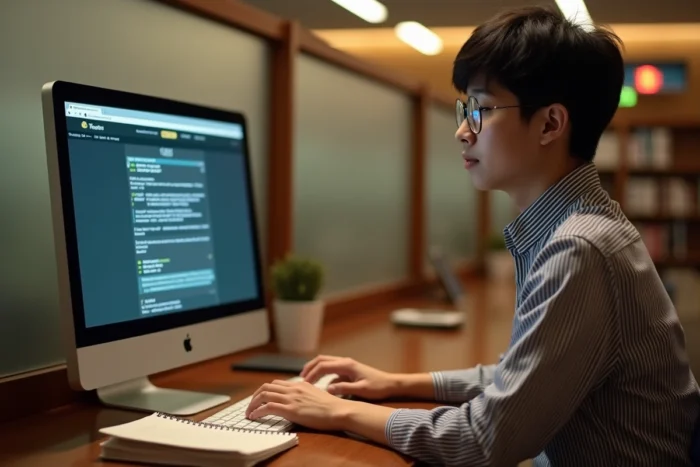 Étudiant téléchargeant des sous-titres depuis un site web dans une bibliothèque universitaire