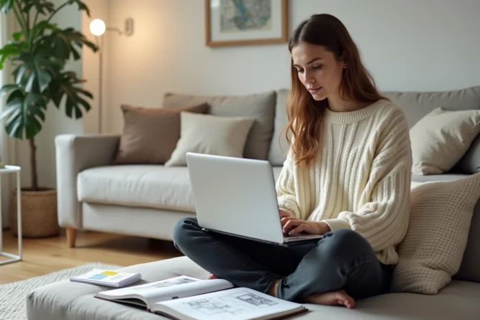 Étudiante en formation d'architecte d'intérieur à distance travaillant sur canapé avec sketchbook et ordinateur portable
