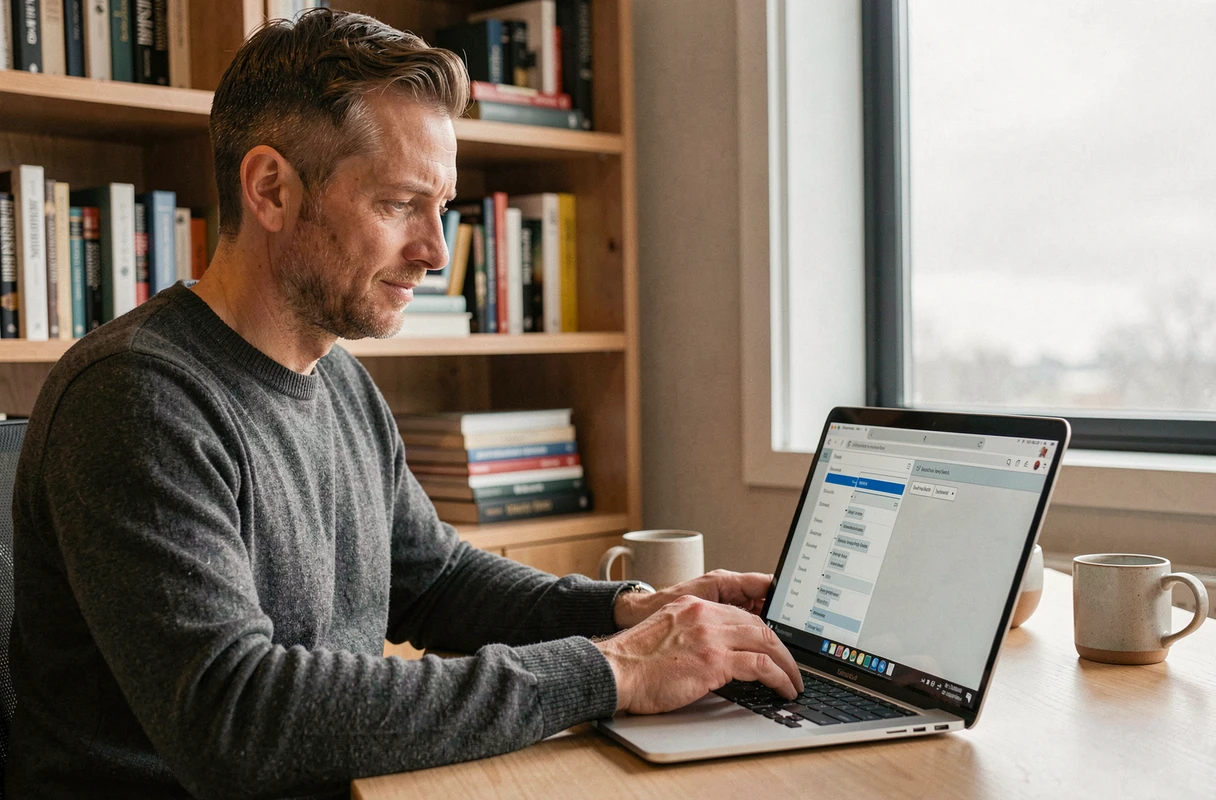 Homme utilisant un ordinateur portable pour explorer le plan de site cBusiness depuis un bureau à domicile