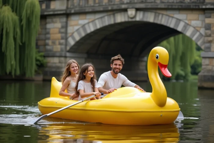 Famille en pédalo cygne sur une rivière avec un vieux pont en pierre près de Paris
