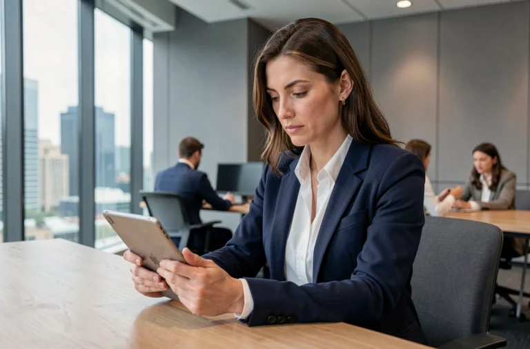 Femme professionnelle consultant les actualités du jour sur une tablette dans un bureau moderne