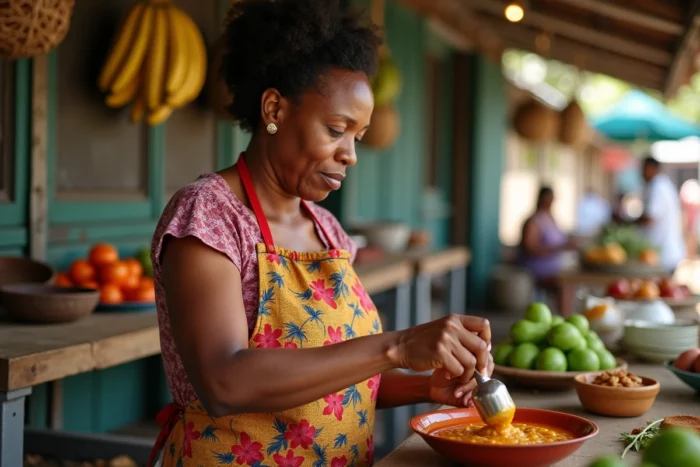 Femme antillaise préparant de la sauce chien maison dans un bol en céramique sur un marché tropical coloré
