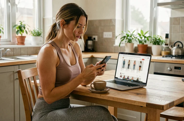 Femme consultant les avis clients Halara sur son smartphone dans une cuisine moderne avant un achat en ligne