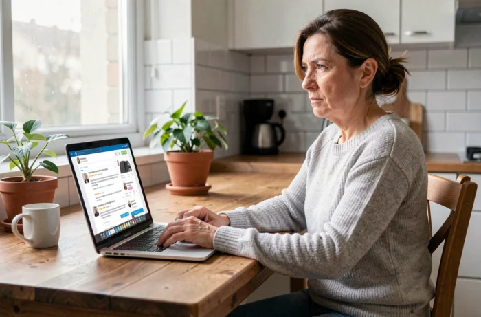 Femme consultant des avis clients en ligne sur des pneus 365 depuis son ordinateur portable à la maison