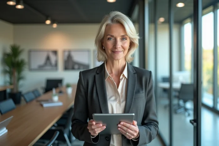 Donna dirigente che consulta un grafico dei redditi pensionistici su un tablet in un ufficio moderno