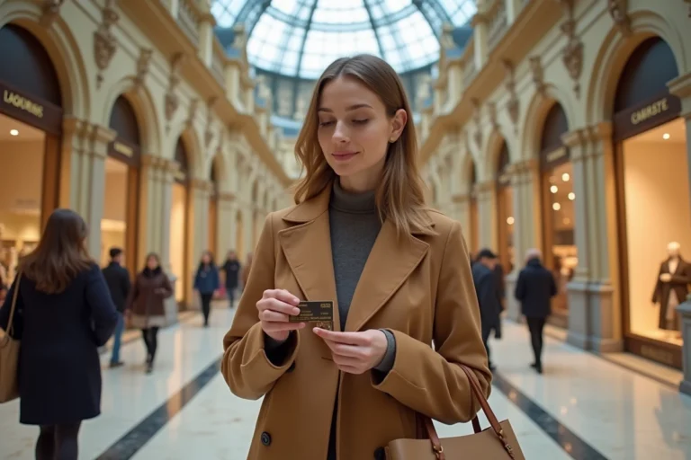 Femme tenant une carte de fidélité Galeries Lafayette dans le grand magasin au dôme emblématique de Paris