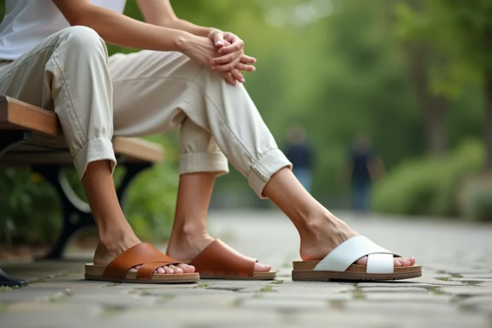 Femme assise sur un banc de parc comparant une sandale Birkenstock et une sandale Scholl portées simultanément sur chaque pied