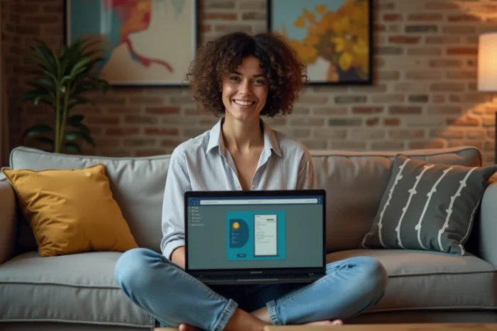 Femme configurant son système Linux sur un canapé dans un salon moderne et confortable