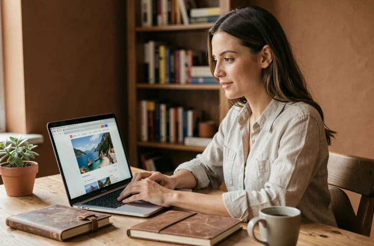 Femme consultant le site Seek et Travel sur un ordinateur portable dans un bureau cosy