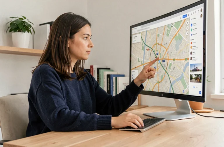 Femme consultant un plan interactif en ligne sur un grand écran dans un bureau à domicile moderne