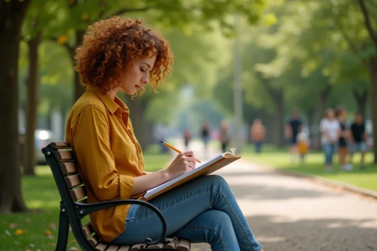 Femme dessinant dans un carnet de croquis sur un banc de parc, loisir créatif en plein air