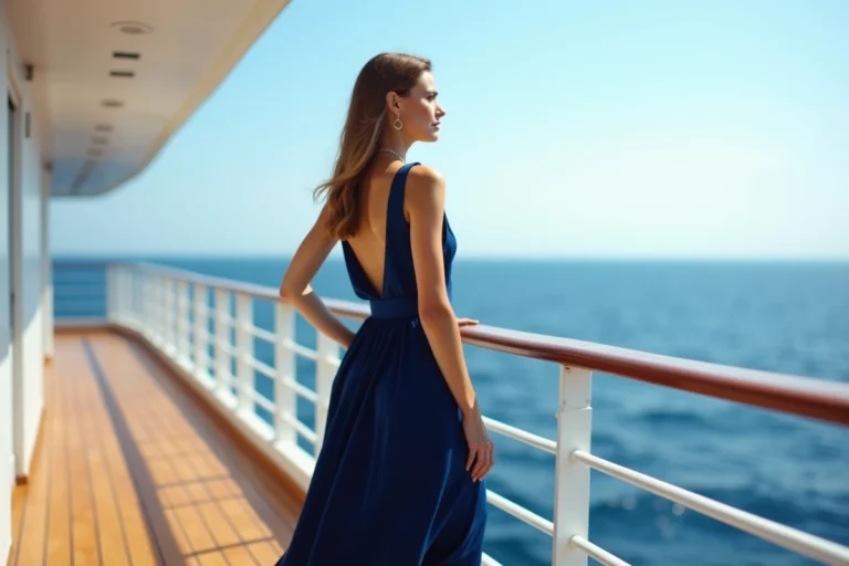 Femme élégante en robe marine sur le pont d'un navire de croisière de luxe Le Ponant