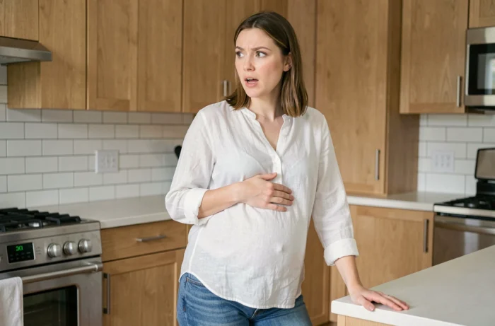 Femme enceinte debout dans une cuisine moderne, main sur le ventre, réagissant à une frayeur soudaine avec une expression surprise mais apaisée