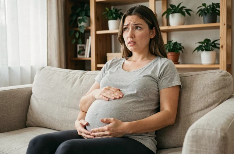Femme enceinte au troisième trimestre assise sur un canapé, les mains sur le ventre, avec une expression de surprise et de soulagement dans un salon cosy