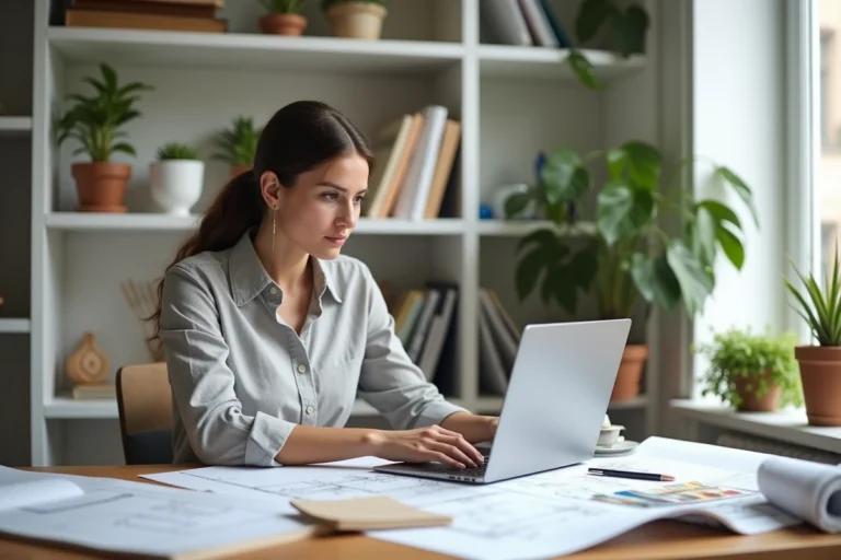 Femme étudiant une formation d'architecte d'intérieur à distance sur son bureau avec des plans et un ordinateur portable