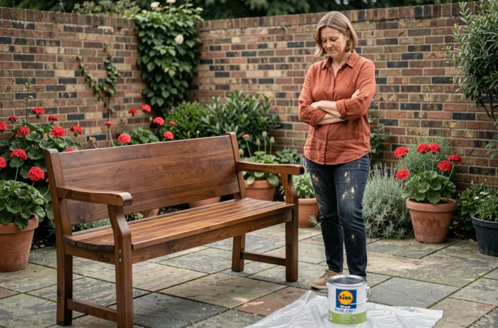 Vrouw inspecteert een tuinbank die recentelijk is behandeld met de Lidl buitenbeits op een stenen terras