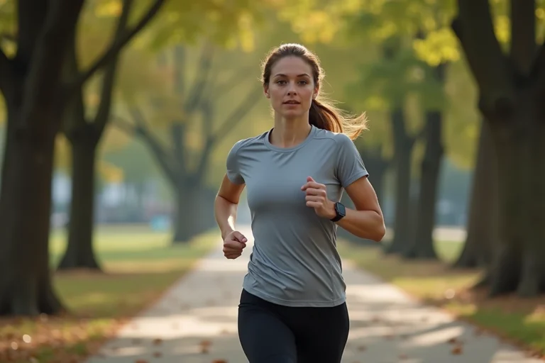 Femme en tenue de sport qui fait du jogging dans un parc urbain au petit matin, illustrant les bienfaits du sport sur la santé au quotidien