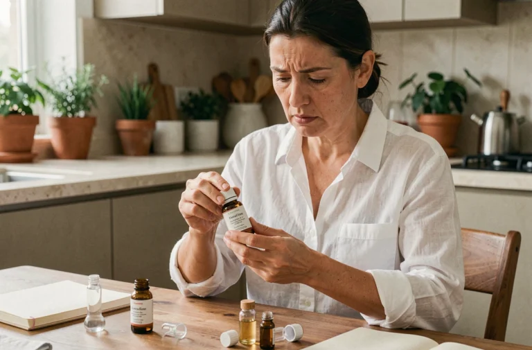 Femme lisant attentivement l'étiquette d'un flacon d'huile essentielle à table, illustrant les précautions d'usage et les risques pour le foie
