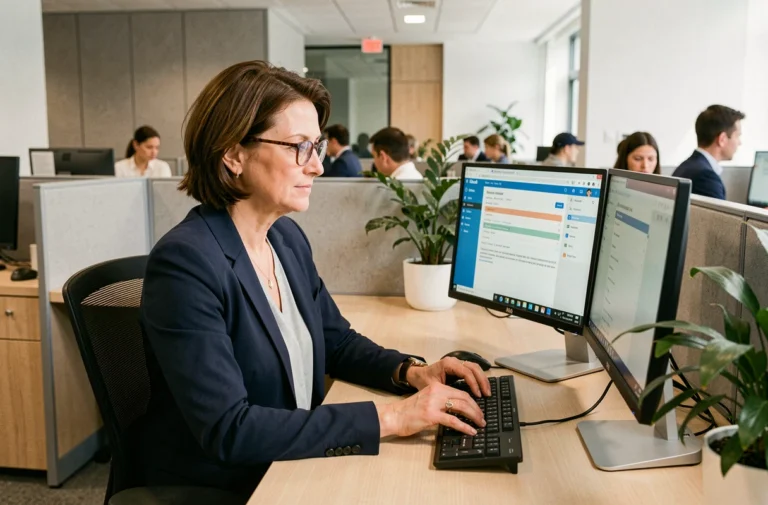 Une professionnelle utilisant la messagerie collaborative Zimbra sur un poste de travail en open-space sécurisé