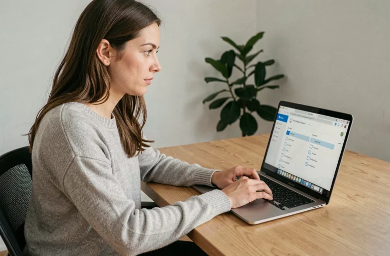 Femme naviguant sur un sitemap de site mobile sur un ordinateur portable dans un bureau minimaliste