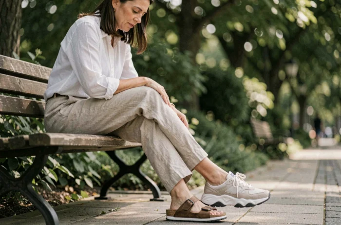 Femme assise sur un banc de parc comparant une sandale Birkenstock et une chaussure Billowy à ses pieds