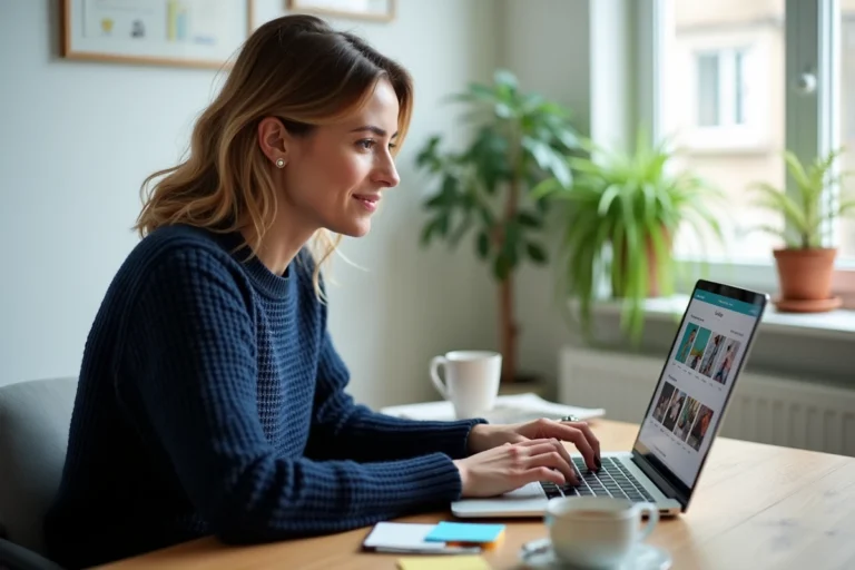 Femme consultant des petites annonces en ligne sur un ordinateur portable dans un bureau à domicile