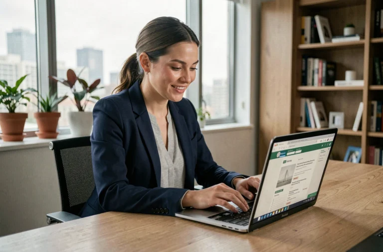 Femme professionnelle consultant des offres d'emploi en ligne sur un ordinateur portable dans un bureau moderne à domicile