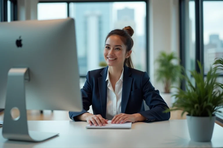 Femme professionnelle consultant la conception d'un site web sur un iMac dans un bureau moderne et élégant