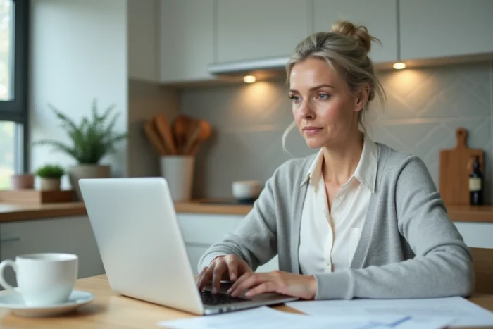 Femme rédigeant une lettre de résiliation de contrat IAD depuis son domicile sur ordinateur portable avec documents officiels