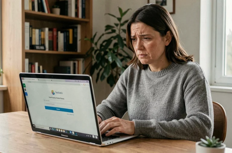 Femme en pull gris devant un ordinateur portable affichant un écran de réinitialisation de mot de passe dans un bureau à domicile