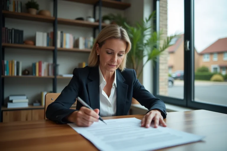 Femme professionnelle révisant un contrat IAD à son bureau à domicile pour préparer une rupture de contrat en toute sérénité